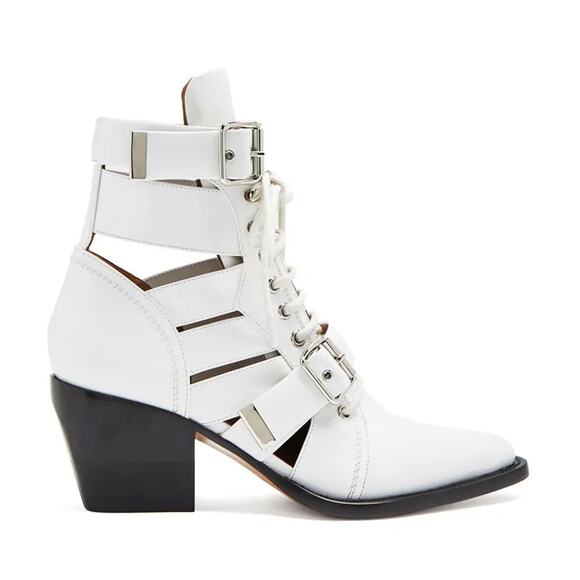 Chloe Rylee Boots White Leather Cutout Lace Up Pointed Toe Ankle Sz 38 / 8 - Picture 3 of 12